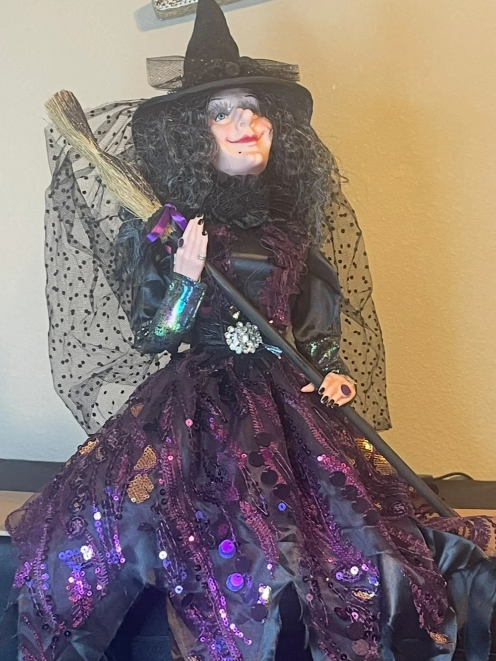 31” Halloween Gothic Wicked Witch Shelf Sitter Doll Purple Sequins w/Broom Stick